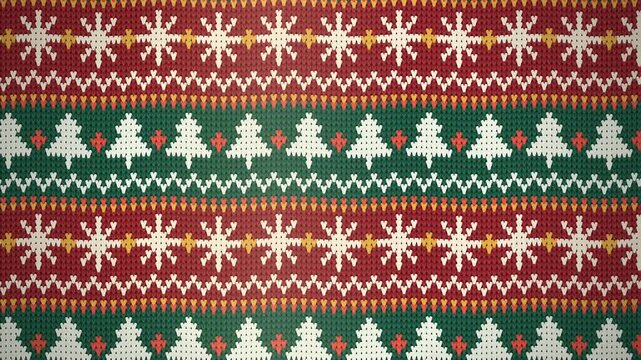 Seamless Christmas Fair Isle knitted pattern animation featuring traditional red and green stitches, cream snowflakes, Christmas trees, and festive geometric motifs.