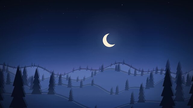 Paper Cut Winter Forest Layers Camera Moving Toward Crescent Moon