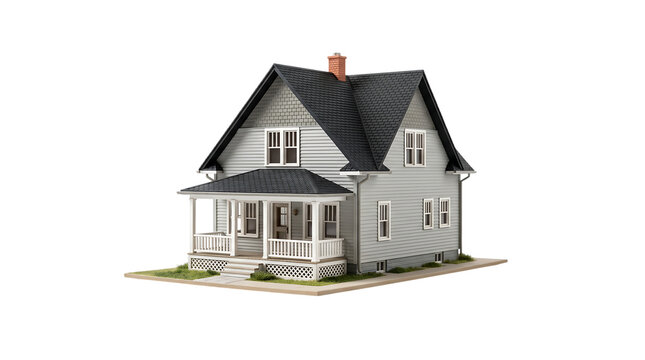 A miniature house model with a porch and chimney isolated on a white background, representing residential architecture and real estate investment.