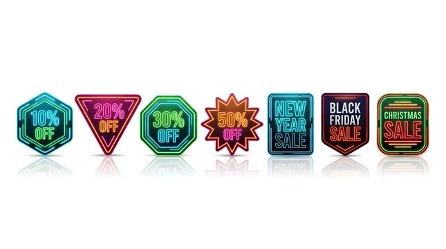 Neon Glow Sale Tags Set with Bright Discount and Holiday Labels