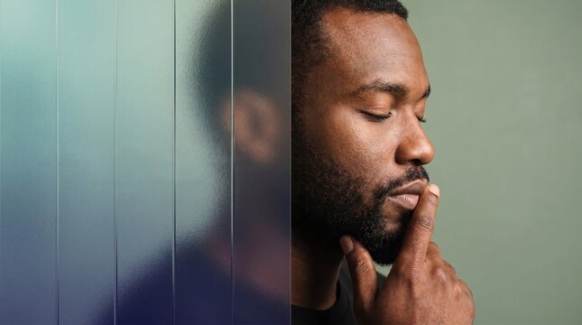 Man thinking with closed eyes behind textured glass partition.