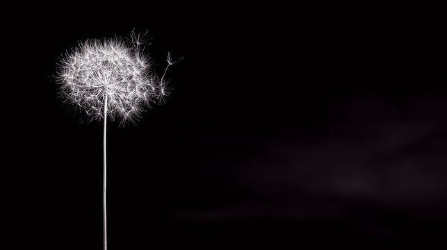 Close-up of dandelion seed head with stem against black background