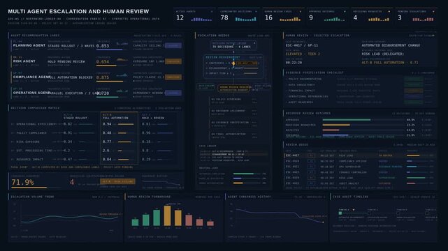 4K multi-agent coordination dashboard showing task escalation, human review outcomes, and decision accountability in a dark enterprise interface. for commercial creative technology and business use.