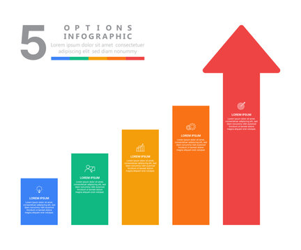 Modern 5 options infographic template with colorful rising arrow chart, business growth data visualization, and financial success