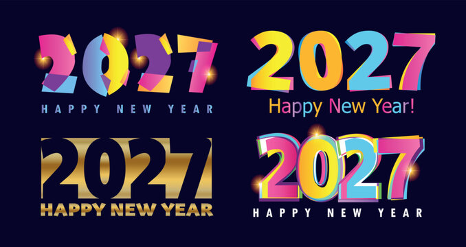 Happy New Year 2027 - Colorful Lettering Typography Logo Design Elements Vector Background Illustration Set