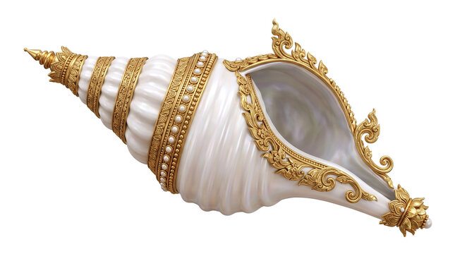Ornate Thai conch shell with gold filigree, decorative white seashell for wedding ceremony, traditional auspicious ceremonial shell isolated PNG with Transparent Background