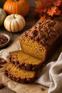 Delicious pumpkin bread with crunchy pecans presented on wooden table surrounded by decorative pumpkins and autumn leaves. Enjoy pumpkin bread during fall celebrations and cozy gatherings.