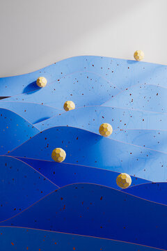 3D Abstract Blue Waves with Floating Golden Spheres