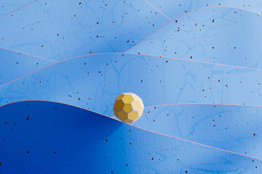 3D Golden Polygonal Sphere Floating Over Abstract Blue Waves