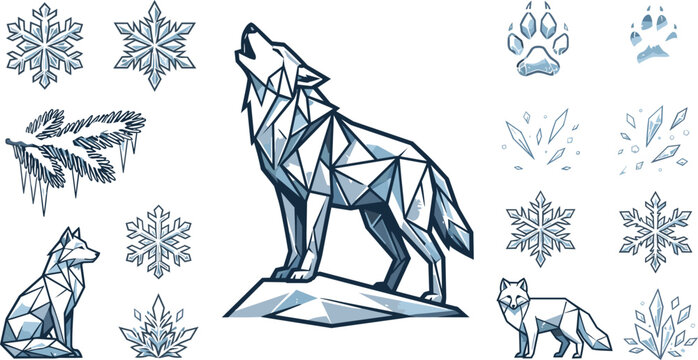 Geometric low poly winter wolf vector illustration set featuring howling wolf snowflakes ice crystals paw prints and pine branch icons