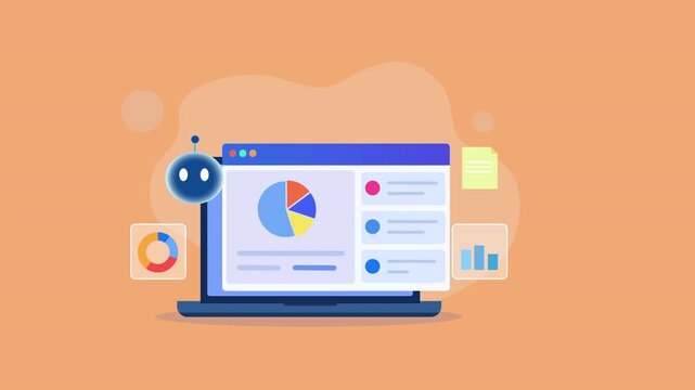 Flat vector animation showing a desktop monitor with a financial analytics dashboard, pie chart, data indicators, and reporting icons for business intelligence, financial analysis, and performance mon