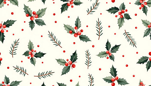 Seamless pattern of holly berries and pine branches on a light cream background for Christmas decor.