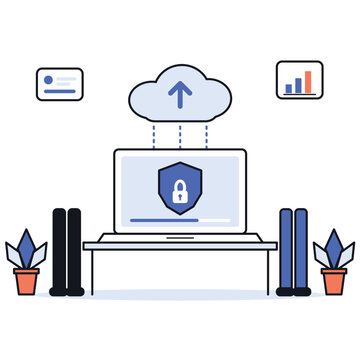 Cloud Data Upload Security Concept, Laptop with Shield Padlock, Cybersecurity and Data Protection Flat Illustration.