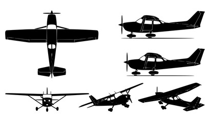 Set of small aircraft silhouettes shown from various aerial angles with propeller plane airplane aviation aeroplane transportation © Masud