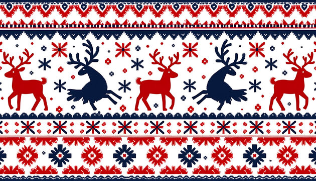 Christmas fair isle reindeer and snowflake pattern blue red white background festive holiday textile design.
