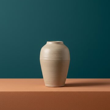 Minimalist beige ceramic vase on terracotta surface with dark teal background