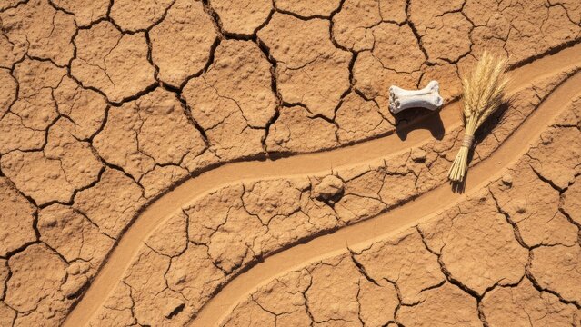 Top view of dry cracked soil with dried wheat bundle and bone symbolizing drought crisis