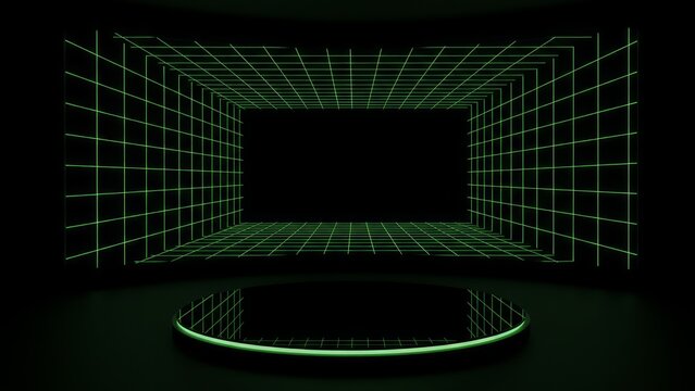 Futuristic black podium with green wireframe grid tunnel background for product showcase