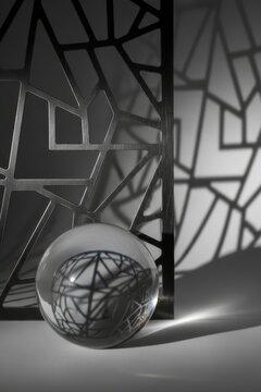 Clear glass sphere with refraction and geometric shadow pattern on white background