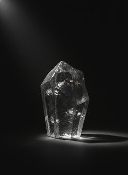 Clear quartz crystal mineral specimen illuminated by dramatic spotlight ray on dark background