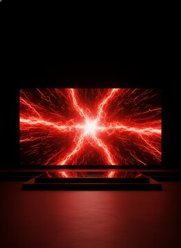 Futuristic stage with red lightning plasma energy discharge screen background for product showcase