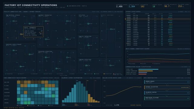 Factory IoT dashboard tracking sensor connectivity across storage and production zones with detailed network topology and telemetry status indicators for commercial creative technology and business.