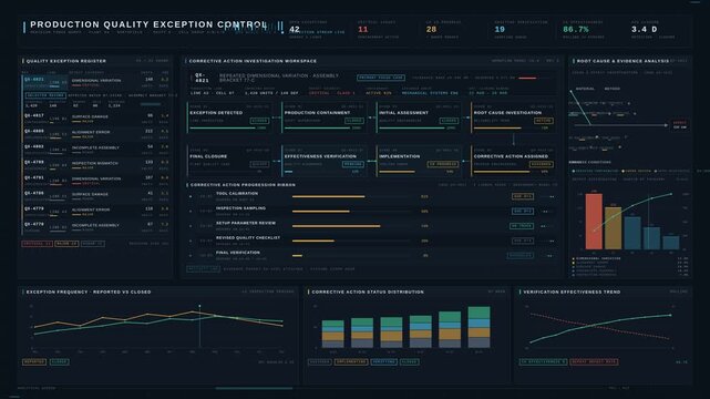 Premium industrial quality dashboard tracking manufacturing defects, corrective action workflows, root cause analysis, and production line performance with dynamic data visualizations.