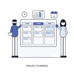 Project planning kanban board illustration with team members organizing tasks in to do, doing and done columns. © Muhammad