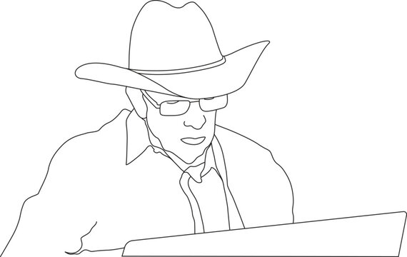 Man Wearing Cowboy Hat and Glasses Playing Piano Line Art Vector Illustration in AI EPS SVG PNG