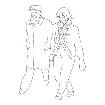 Senior Elderly Couple Walking Together Line Art Vector Illustration in AI EPS SVG PNG