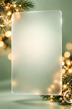 Frosted glass frame with christmas lights and pine branches