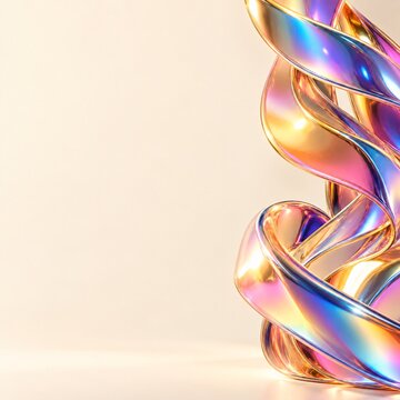 Shimmering holographic ribbon curls create elegant swirls against a soft neutral beige studio light