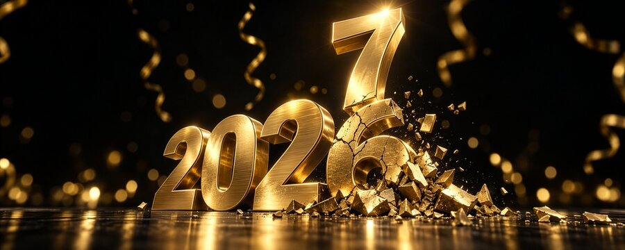 Tr&oacute;jwymiarowe, monumentalne cyfry roku 2026 i 2027 wykonane z polerowanego, szczotkowanego złota. cyfra &bdquo;6&rdquo; pęka a nad nią dumnie unosi się lśniąca cyfra &bdquo;7&rdquo;.  Zmiana daty, nowy rok