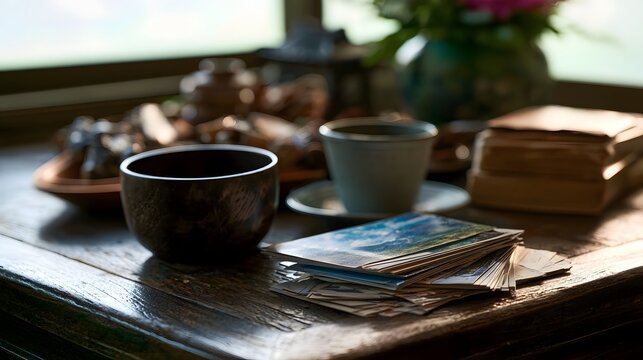 A wooden table holds two ceramic cups  a stack of postcards  and a vase with flowers near a window