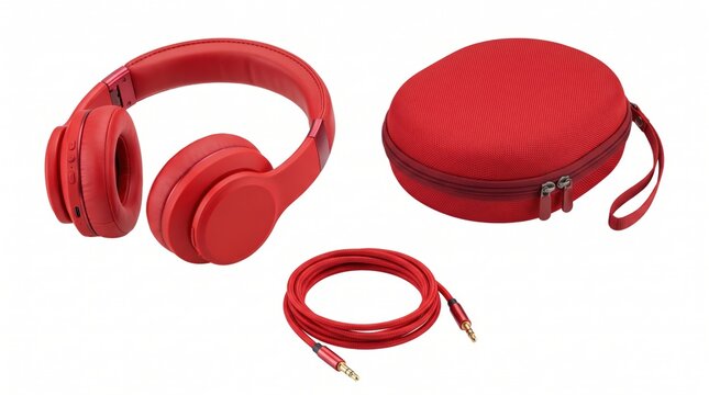 Bright red over-ear wireless headphones, a matching circular hard-shell carrying case, and a coiled 3.5mm auxiliary audio cable on white