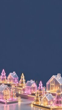 Miniature glass houses and pine trees with glowing warm light lines arranged on a smooth table top