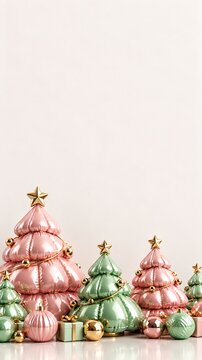 Decorative glass christmas trees with metallic baubles and miniature presents on a clean white