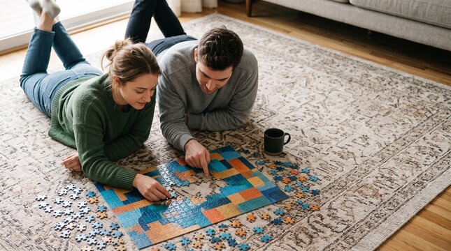 A young couple lying on the floor in a living room assembling a jigsaw puzzle with working together colorful patterned rug indoors woman lie patterned