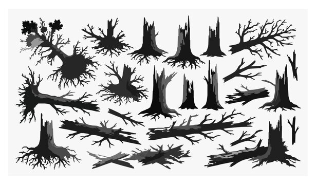 Broken Trees, Fallen Logs and Shattered Branches Black Silhouette Vector Set
