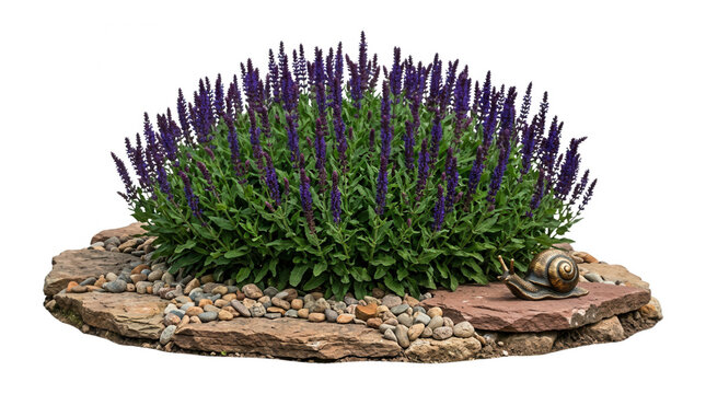 Flowering Plant with Snail on Rocks, featuring purple flowers, garden, landscaping, nature, flora, outdoor, botanical, greenery, snail shell, garden design