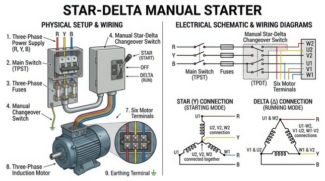Star Delta manual starter wiring diagram and physical setup for three