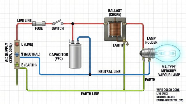 Wiring diagram for ma type mercury vapor lamp with ballast choke and