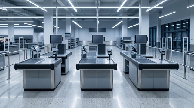 Modern supermarket checkout counters with digital screens and payment terminals in brightly lit contemporary grocery store interior