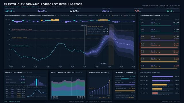 Premium dark electricity demand forecast dashboard with confidence bands, peak alerts, and real-time load analysis for utility operations. for commercial creative technology and business use.