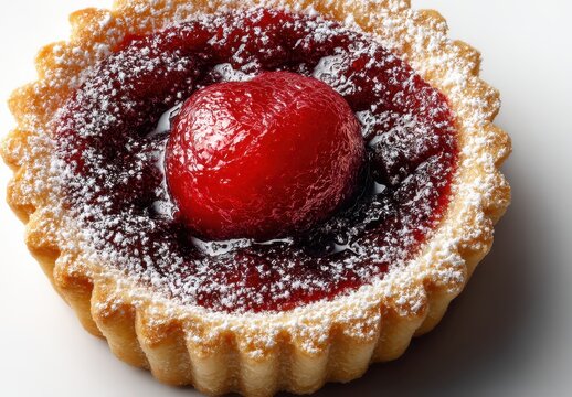 Delicious tart with cherry topping and powdered sugar decoration