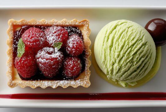 Delicious Raspberry Tart with Mint and Green Ice Cream Delight