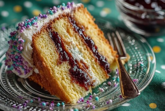 Deliciously Layered Vanilla Cake with Berry Jam and Colorful Sprinkles