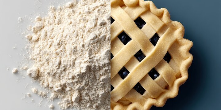 Flour and Pie Crust with Blueberries on Blue Background Split Image