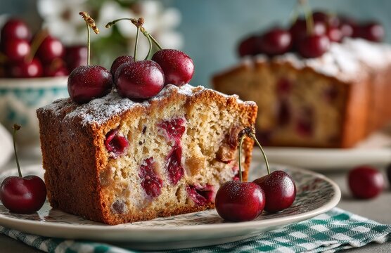 Fresh Cherry Cake with Powdered Sugar on Plate and Background