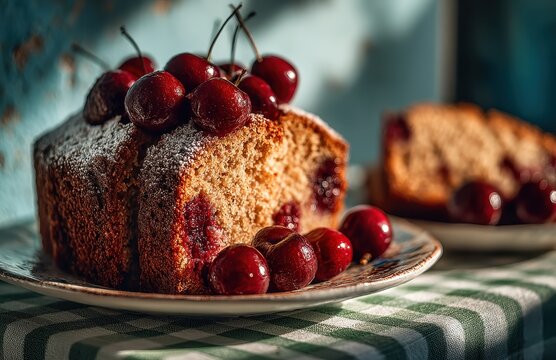Freshly Baked Cherry Cake with Glazed Cherries on a Sunny Table